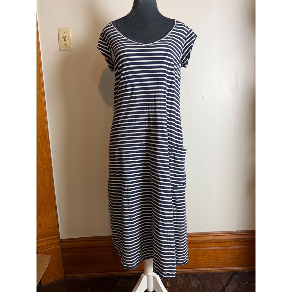 Toad&Co Womens Navy Blue White Striped Ruched coastal Midi Dress nautical small